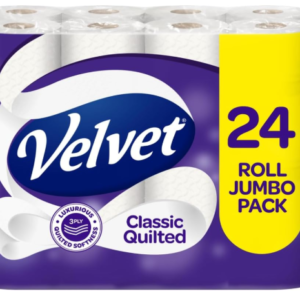 velvet classic quilted toilet tissue 24 rolls luxuriously soft, strong and absorbent toilet roll jumbo bulk pack 24 rolls 3 ply white